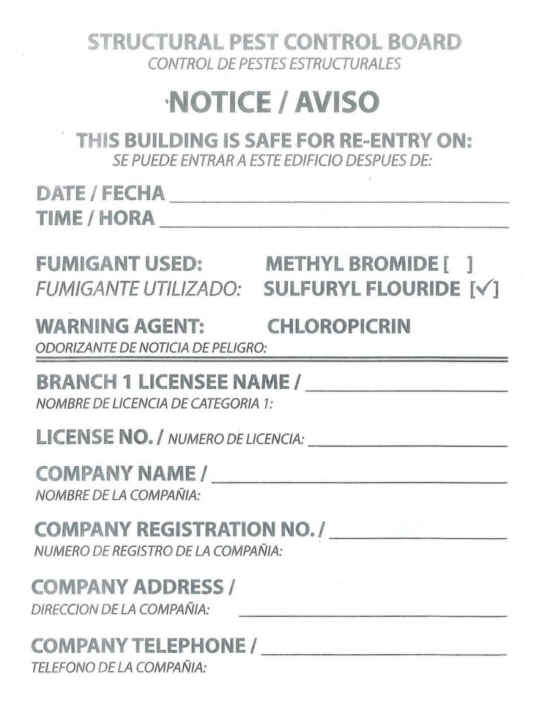 blank example of termite fumigation notice for re-entry from structural pest control board