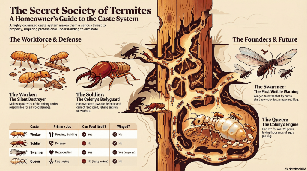 Illustration of termite castes showing workers, soldiers, swarmers, and the queen roles featuring labeled descriptions of each caste’s functions & characteristics